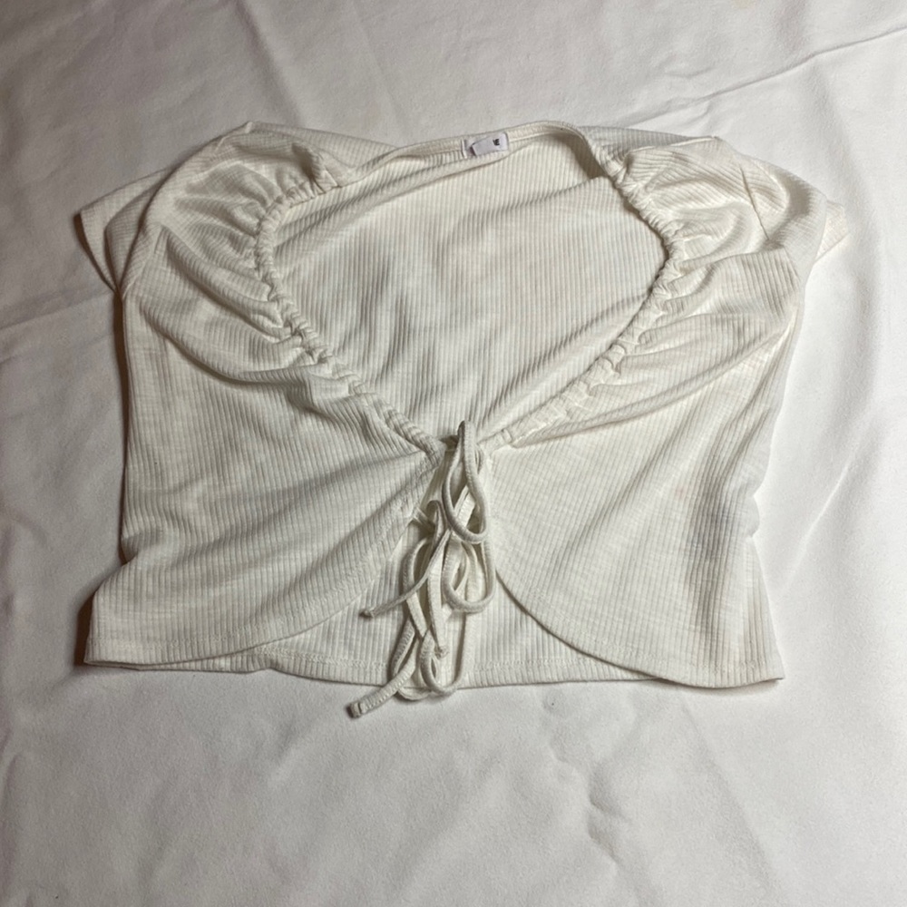Ribbed White Cropped Tie Shirt